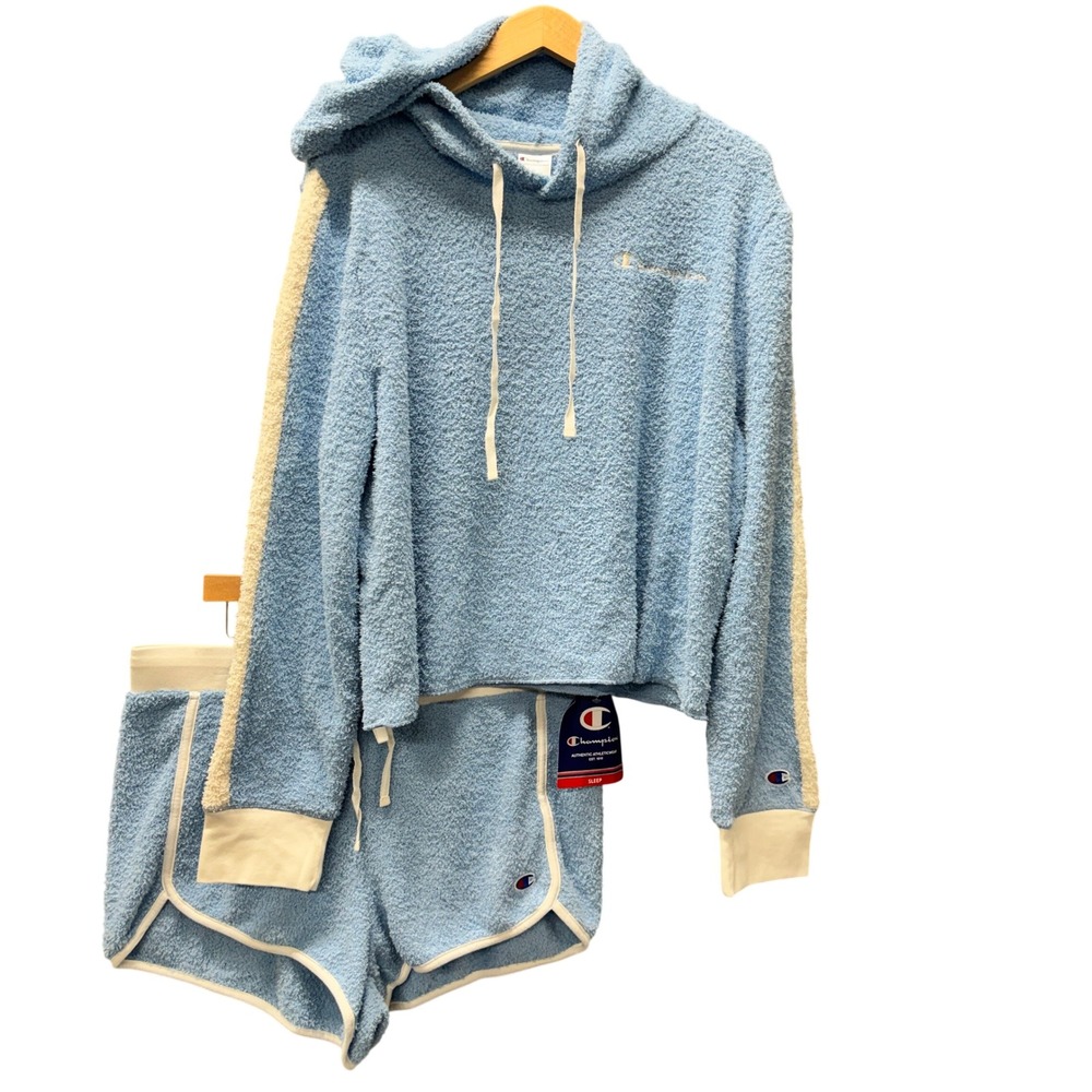Champion Pajama Set Womens XL Sherpa Sleep Hoodie Shorts Blue Loungewear NEW